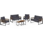 Salon de jardin bas rio 6 places structure m�tal et cordage effet rotin avec coussin gris