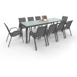 Salon de jardin madrid table 240 cm et 10 chaises empilables gris anthracite plateau clair