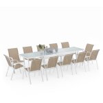 Salon de jardin madrid table extensible 135 - 270 cm et 12 chaises empilables blanc et beige