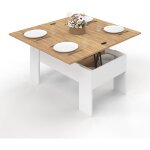 Table basse rectangulaire plateau relevable convertible en table � manger tara bois blanc et imitation ...