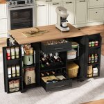 Ilot central de cuisine mobile - plateau extensible - avec casier � vin et porte - serviettes - 2 tiroirs ...