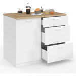 Ilot central tibo 110 cm casserolier 3 tiroirs bois blanc avec plan de travail fa�on h�tre