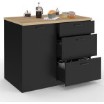 Ilot central tibo 110 cm casserolier 3 tiroirs bois noir avec plan de travail fa�on h�tre