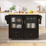 �lot de cuisine mobile noir sur roulettes avec table extensible, porte - verres et rangement - desserte ...