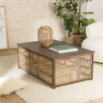 Macabane - isa - table basse en bois de manguier foncé, patchwork cannage naturel Macabane - isa - table basse en bois de manguier foncé, patchwork cannage naturel