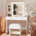Janzdiys - coiffeuse avec 10 globes lumineux led, 3 couleurs, coiffeuse avec prise et grand miroir, tabouret ...