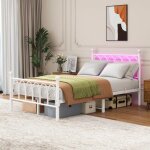 Lit 120x200 cm avec sommier en mtal, lit coffre avec led et ports usb, lit moderne avec rangement, cadre ...