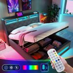 Janzdiys - lit coffre 140x190 cm en lin gris avec sommier, clairage led rglable et ports usb ? lit ...