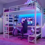 Janzdiys - lit mezzanine 90 x 200 cm en métal avec bureau, étagères, échelle, prise usb et type - c, ... Janzdiys - lit mezzanine 90 x 200 cm en métal avec bureau, étagères, échelle, prise usb et type - c, ...