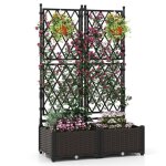 Jardinière avec treillis sur pied, double bac à fleur auto - arrosage en rotin pp avec maille diamant ... Jardinière avec treillis sur pied, double bac à fleur auto - arrosage en rotin pp avec maille diamant ...