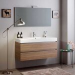 Kiamami valentina - meuble de salle de bains suspendu 120cm 2 tiroirs ch�ne naturel, lavabo et miroir ...