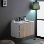 Kiamami valentina - meuble salle de bain suspendu 80cm blanc avec 2 tiroirs ch�ne cannel� bilbao