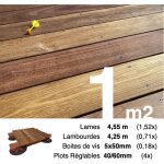 Kit complet terrasse bois exotique cumaru pour 1 m� ? lames 4, 55 m, lambourdes 4, 25 m, plots r�glables ...