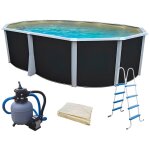 Kit piscine hors - sol acier toi anthracite ibiza compact ovale 550x366x132cm liner beige