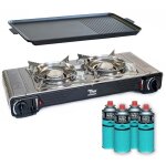 Kit plancha gaz 2en1 complet - rchaud 2 feux inox 4400w + plaque grill + 4 cartouches gaz butane intrieur ...