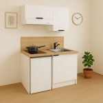 Kitchenette blanche 100cm + plaque de cuisson + refrigerateur + hotte + micro - ondes + evier + mitigeur ...