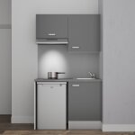 Kitchenette k01l - pt - 120 cm avec plan de travail et vier, emplacements frigo et hotte - faade gris ...