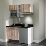 Kitchenette k13l - 140 cm - plan monobloc évier intégré nero - évier à gauche - façades bois + electroménager ... Kitchenette k13l - 140 cm - plan monobloc évier intégré nero - évier à gauche - façades bois + electroménager ...