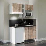 Kitchenette k13l - pt - 140 cm avec plan de travail et vier - faade bois - plan noir - evier inox - ...