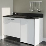 Kitchenette k17l - 140 cm - plan monobloc �vier int�gr� nero - �vier � gauche - fa�ades blanc + electrom�nager ...