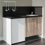 Kitchenette k17l - pt - 140 cm avec plan de travail et vier - faade bois - plan noir - evier inox - ...