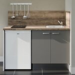 Kitchenette k17l - pt - 140 cm avec plan de travail et vier - faade gris - plan bois - evier inox - ...
