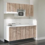 Kitchenette k30l - pt - 180 cm - plan stratifié, évier inox, - façade bois - plan blanc - crédences oui ... Kitchenette k30l - pt - 180 cm - plan stratifié, évier inox, - façade bois - plan blanc - crédences oui ...