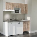 Kitchenette k55l - pt - 180 cm avec plan de travail et vier - faade bois - plan gris - evier inox - ...