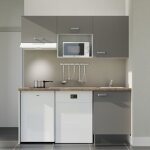 Kitchenette k55l - pt - 180 cm avec plan de travail et évier - façade gris - plan bois - evier inox - ... Kitchenette k55l - pt - 180 cm avec plan de travail et évier - façade gris - plan bois - evier inox - ...