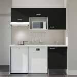 Kitchenette k55l - pt - 180 cm avec plan de travail et évier - façade noir - plan blanc - crédences non ... Kitchenette k55l - pt - 180 cm avec plan de travail et évier - façade noir - plan blanc - crédences non ...