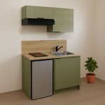 Kitchenette terra vert argile 100cm + plaque de cuisson + refrigerateur + hotte + micro - ondes + evier ...