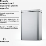 Klarstein poubelle de cuisine 50 litres en acier inoxydable avec capteur sans contact, panneau de contr�le ...