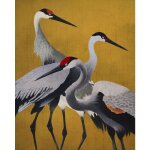 Komar - papier peint panoramique oiseaux de grue jaune ocre, noir et blanc et rouge