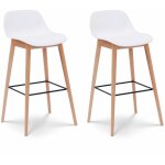 Lot de 2 tabourets de bar blancs style scandinave avec pieds en bois naturel - hauteur 66 cm