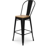 Tabouret de bar en métal noir mat style industriel avec dossier haut et assise en bois clair - hauteur ... Tabouret de bar en métal noir mat style industriel avec dossier haut et assise en bois clair - hauteur ...