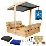 Kotarbau� grand bac � sable en bois avec toit gris, impr�gn�, ferm�, avec bancs, 100 x 100 cm