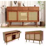 Buffet, commode avec 3 tiroirs et 3 portes coulissantes, osier en rotin sur les faades des portes, pieds ...