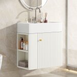 Lavabo 55x31x66 cm, avec meuble de rangement, �tag�res lat�rales, motif en relief, mdf, poign�es en m�tal, ...