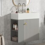 Lavabo 55x31x66 cm, avec meuble de rangement, �tag�res lat�rales, motif en relief, mdf, poign�es en m�tal, ...