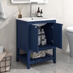 Lavabo 61x46x90 cm, meuble vasque simple, avec meuble de rangement, cloison ouverte, mdf, poignes mtal, ...