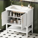Lavabo 80x47x89 cm, meuble vasque simple, avec meuble de rangement, cloison ouverte, mdf, poign�es m�tal, ...