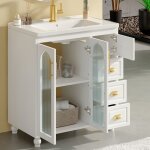 Lavabo 80x47x90 cm, meuble vasque simple, 2 portes vitr�es, 4 tiroirs, mdf, poign�es m�tal, meuble lave ...