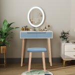 Led coiffeuse avec miroir et tabouret, table de maquillage et tabouret, audlte, miroir ovale + 2 tiroirs ...