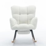 Libert - fauteuil  bascule en tissu teddy, rocking chair avec repose - pieds, blanc
