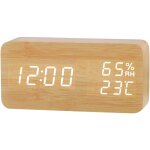 Rveil de bureau en bois avec jour, date, temprature, humidit, 3 niveaux de luminosit rglables, commande ...