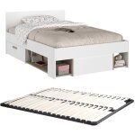 Lit 120 x 190 / 200 cm avec rangements - blanc et naturel + sommier - kinselia