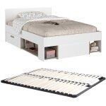 Lit 120 x 190 / 200 cm avec rangements - blanc et naturel + sommier - kinselia