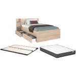 Lit 120 x 190 cm avec rangements - coloris : naturel + sommier + matelas - tenalia