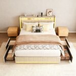 Lit 140 x 190, lit 140x190 avec sommier, cadre de lit, avec port usb et led, 4 tiroirs en fer, avec tete ...