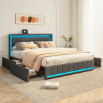 Lit 140 x 190, lit 140x190 avec sommier, cadre de lit, avec port usb et led, 4 tiroirs en fer, avec tete ...